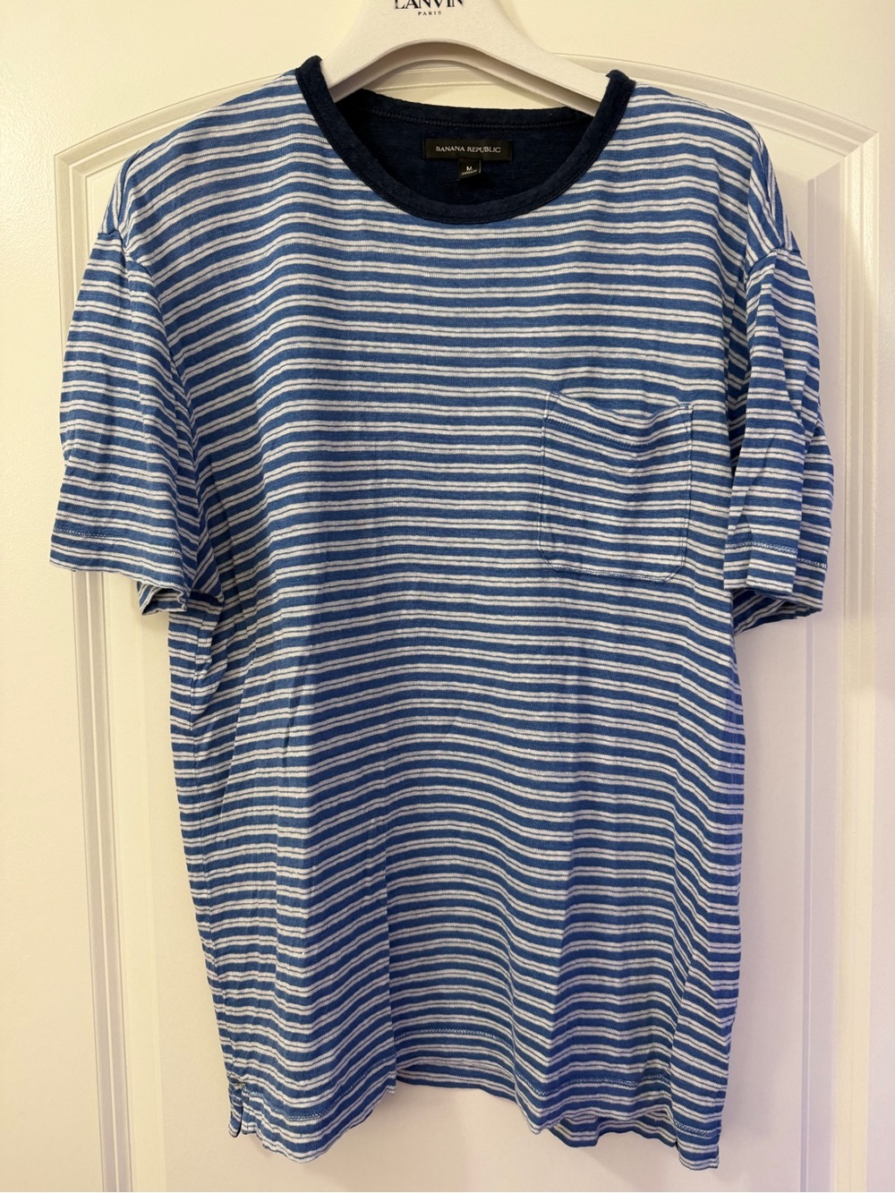 Banana Republic Blue and White Striped Short Sleeve Pocket Tee